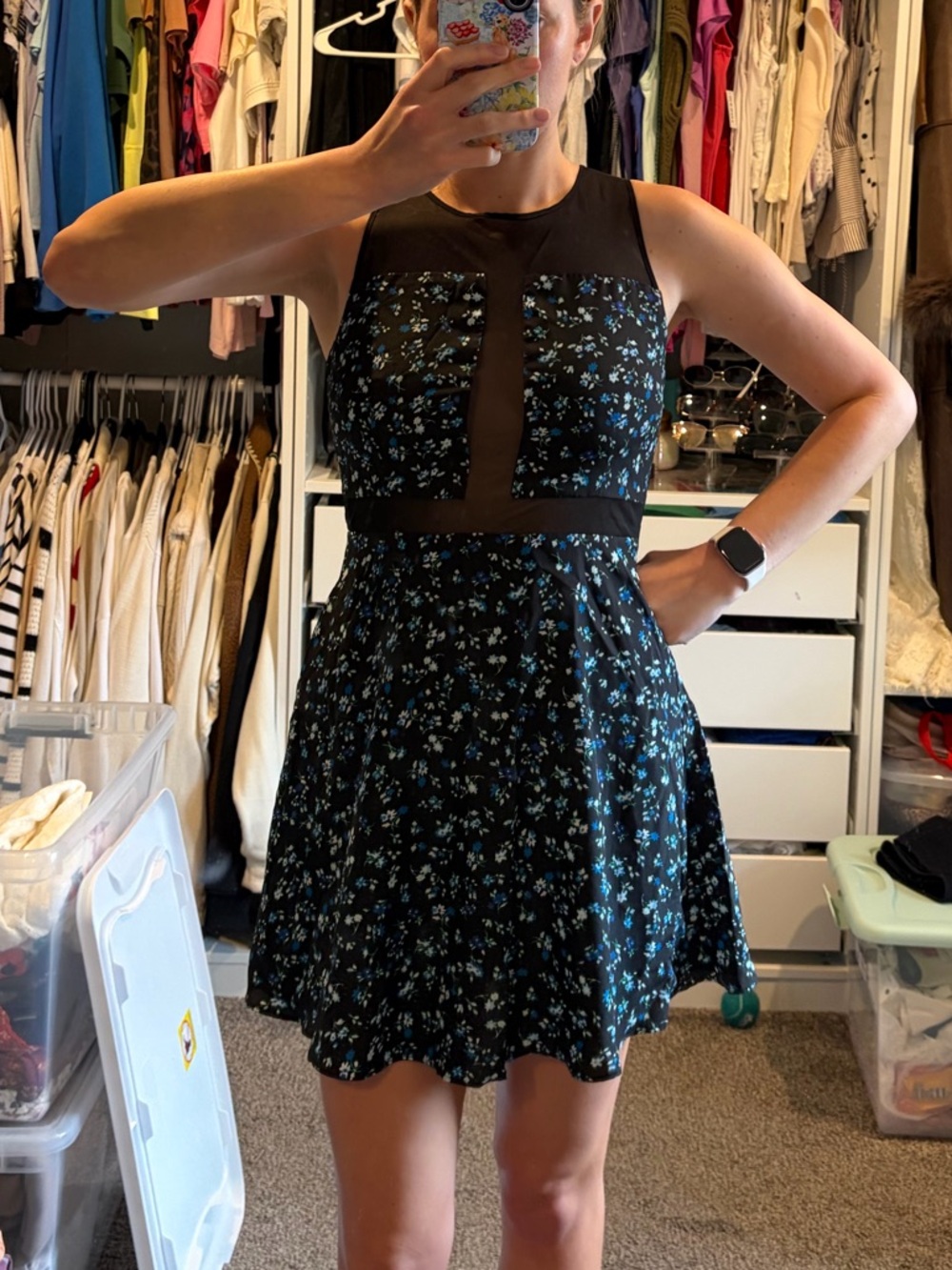 Sleeveless Black Mini Dress with Blue Floral Print